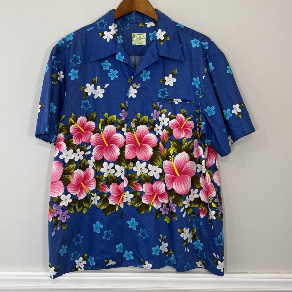 Vtg Ui-Maikai Hawaii Hibiscus Print SS Button Up Mens M/L Made In USA Retro 60s‎